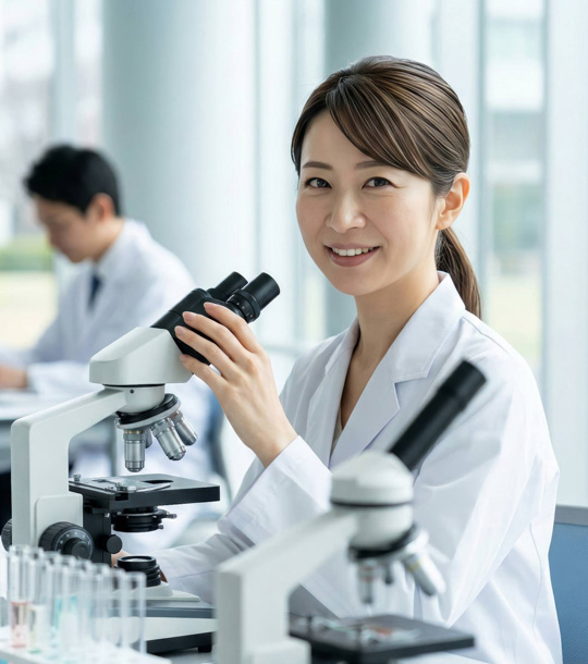 エクセルケミカルの最先端ラボで顕微鏡を使用する女性研究員。グローバルな提携先を示すデジタルマップや化学構造式、サプライチェーンの工程表がオーバーレイされ、高品質なファインケミカルと高度な製造技術を表現。